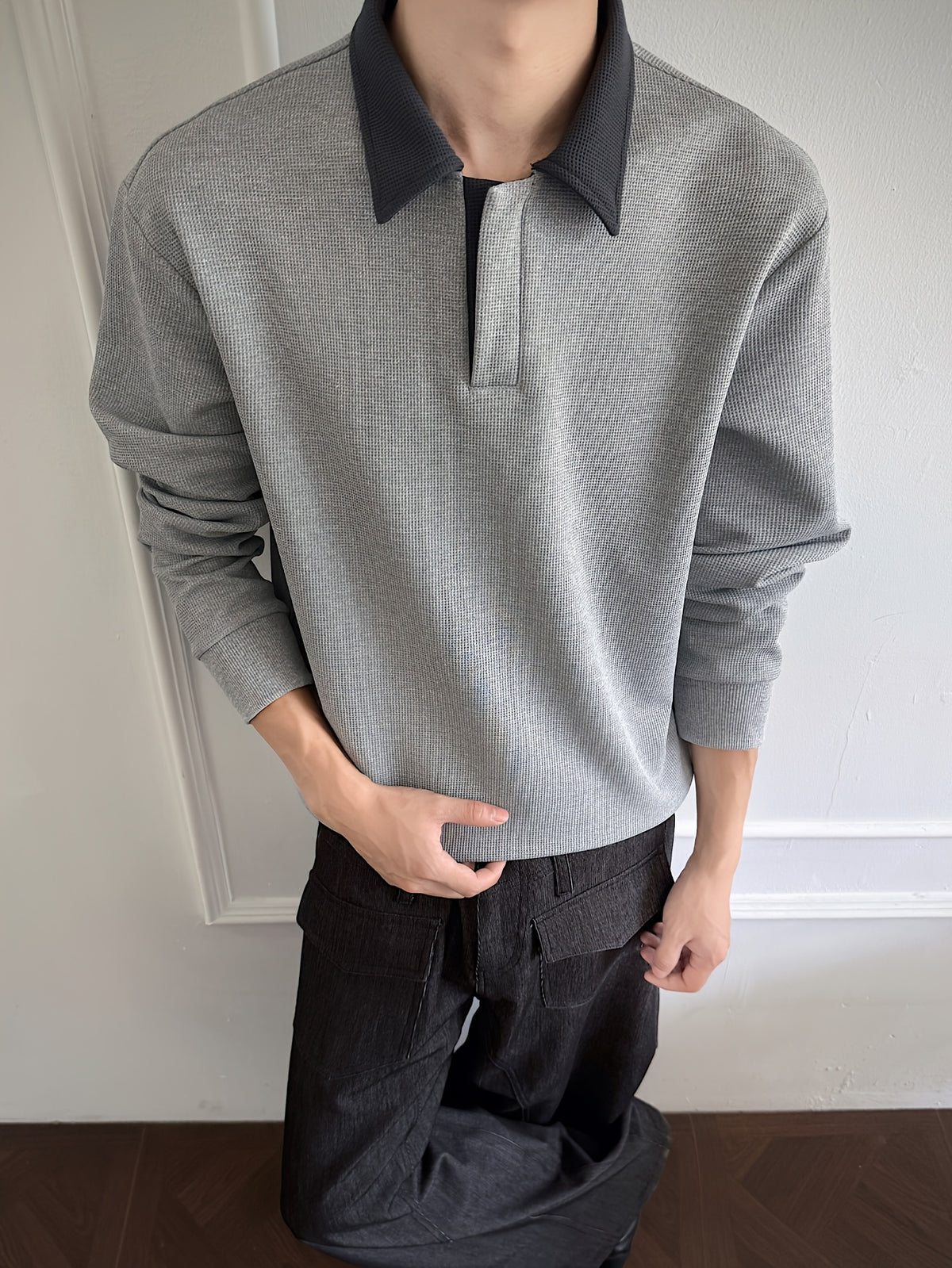 Polo Shirt, 1pc Men'S Fashion Trendy Casual Individual Color-Block Patchwork Collar Polo Shirt, Loose Fit, Comfortable Stretch Fabric, Suitable for Daily Casual Commuting Wear - Light Grey