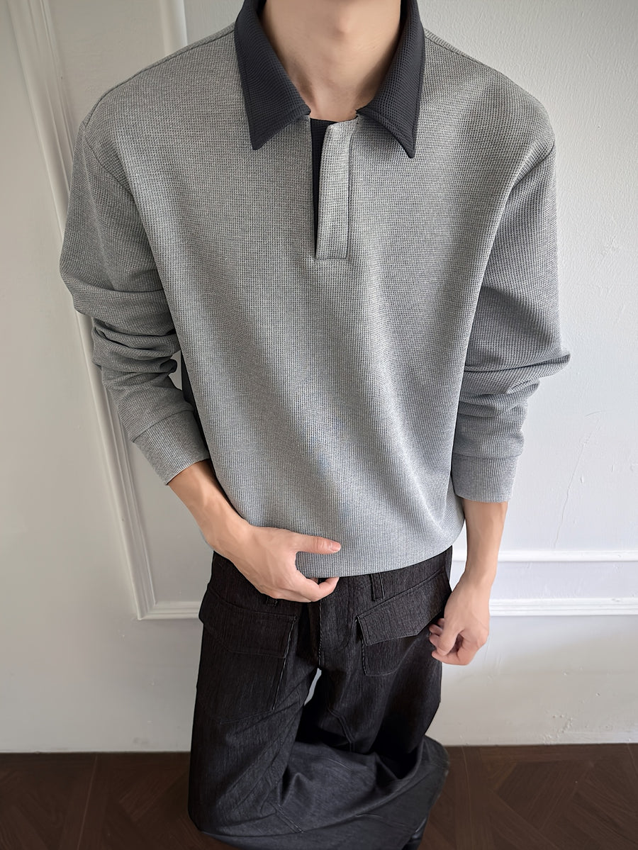 Polo Shirt, 1pc Men'S Fashion Trendy Casual Individual Color-Block Patchwork Collar Polo Shirt, Loose Fit, Comfortable Stretch Fabric, Suitable for Daily Casual Commuting Wear - Light Grey
