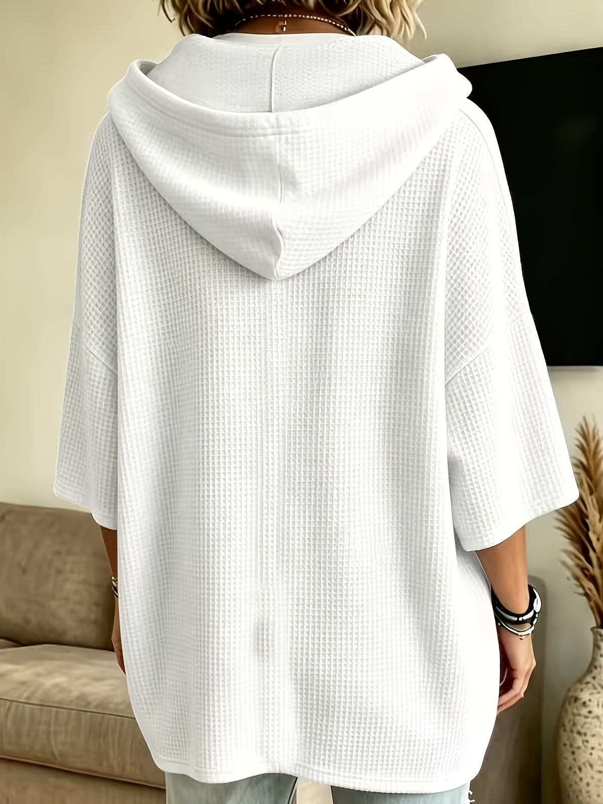 Women's Elegant Casual Solid Color Loose Fit Hooded Fashion Waffle Sweatshirt Top - White