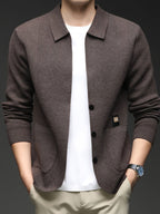 Spring/Autumn New Style Men's Knitted Cardigan Jacket, Soft and Skin-Friendly, for Commuting and Casual Outerwear - Coffee Color