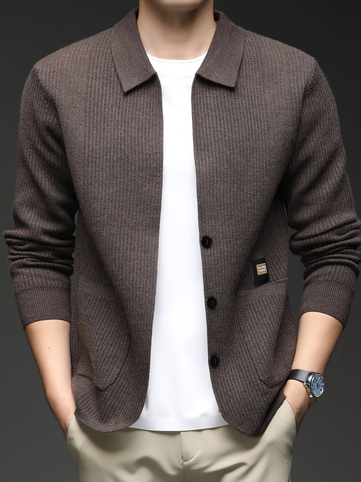 Spring/Autumn New Style Men's Knitted Cardigan Jacket, Soft and Skin-Friendly, for Commuting and Casual Outerwear - Coffee Color