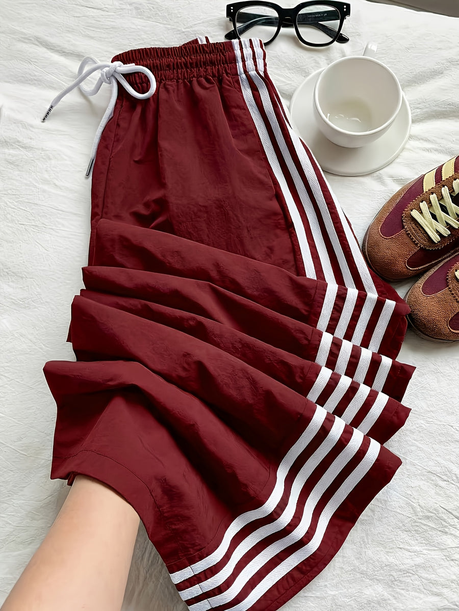 Reading Week Apparel, Back-to- Season, One Pair of 2026 Spring/Summer New Style Casual Sporty Fashionable Comfortable and Beautiful Women's Long Pants with Contrast Color and Drawstring Waist, Suitable as a Holiday Gift for Women's Clothing - Burgundy