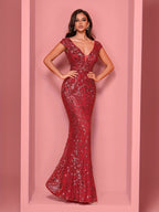 Elegant Beaded Mature Sleeveless Fishtail Dress Summer Party Dinner Formal High-end Luxury Bridesmaid Dresses V-Neck Wedding Mom Dress Sexy Tank Long Skirt - Red