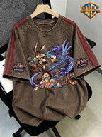 WB Warner Bros. Official License, American Retro Happy Tunes Highway Racing Distorted Heart Wolf Bip Bip Bird Pattern, Washed Loose Short Sleeve T-Shirt, Men'S Loose Retro Streetwear Outfit - Coffee Color