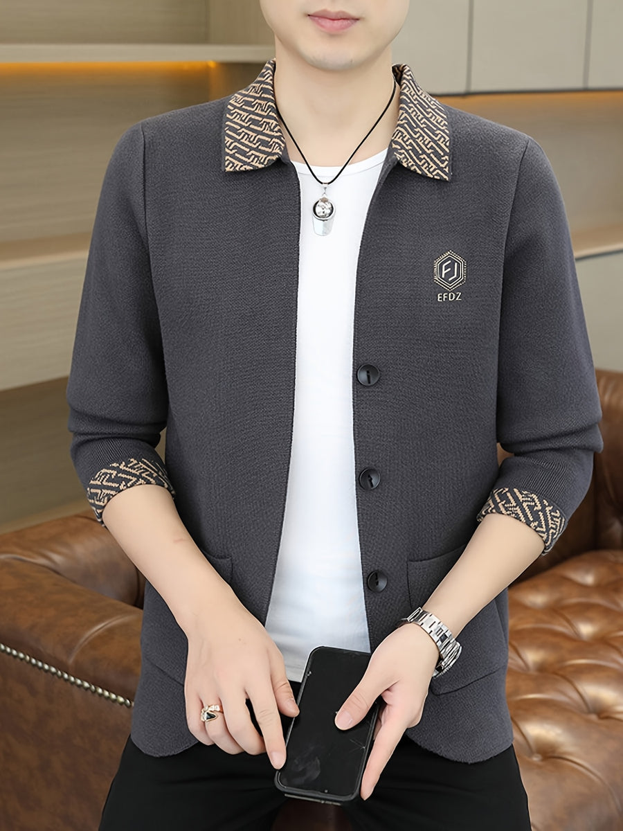 [Whale-Crossing Lan OB 1pc Autumn Winter New Men'S Knit Cardigan, Old Money Style Contrast Lapel Pocket Button-Front Cardigan Men'S Business Casual Fashion Button-Front Knit Top, Collar Design with Letter Embroidery Suitable for Spring, Autumn - Deep Gray
