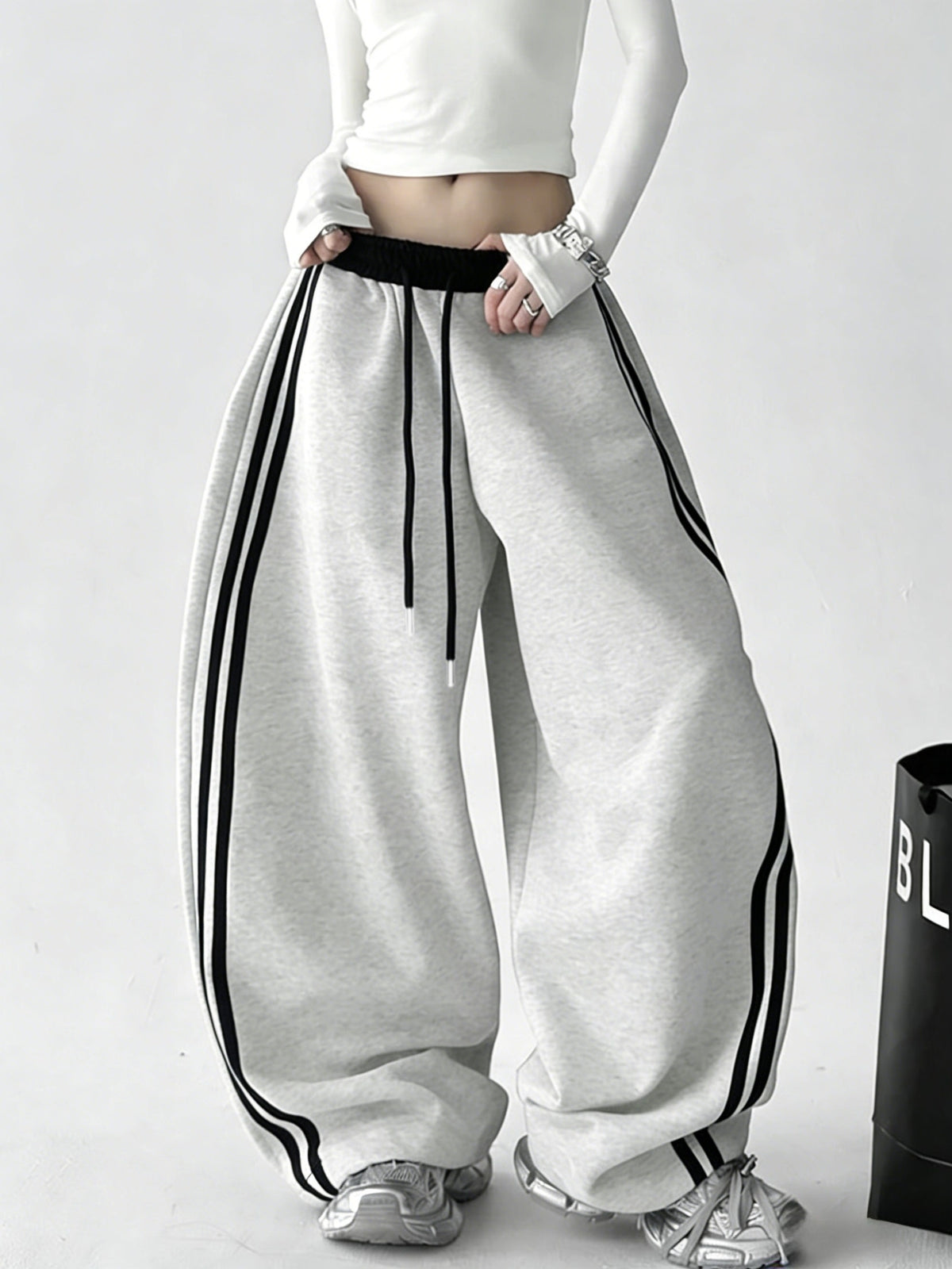 Women'S Casual Contrast Pants, Side Striped Patchwork Wide-Leg Trousers, Suitable for Wear - Light Grey