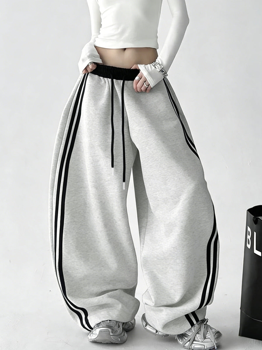 Women'S Casual Contrast Pants, Side Striped Patchwork Wide-Leg Trousers, Suitable for Wear - Light Grey