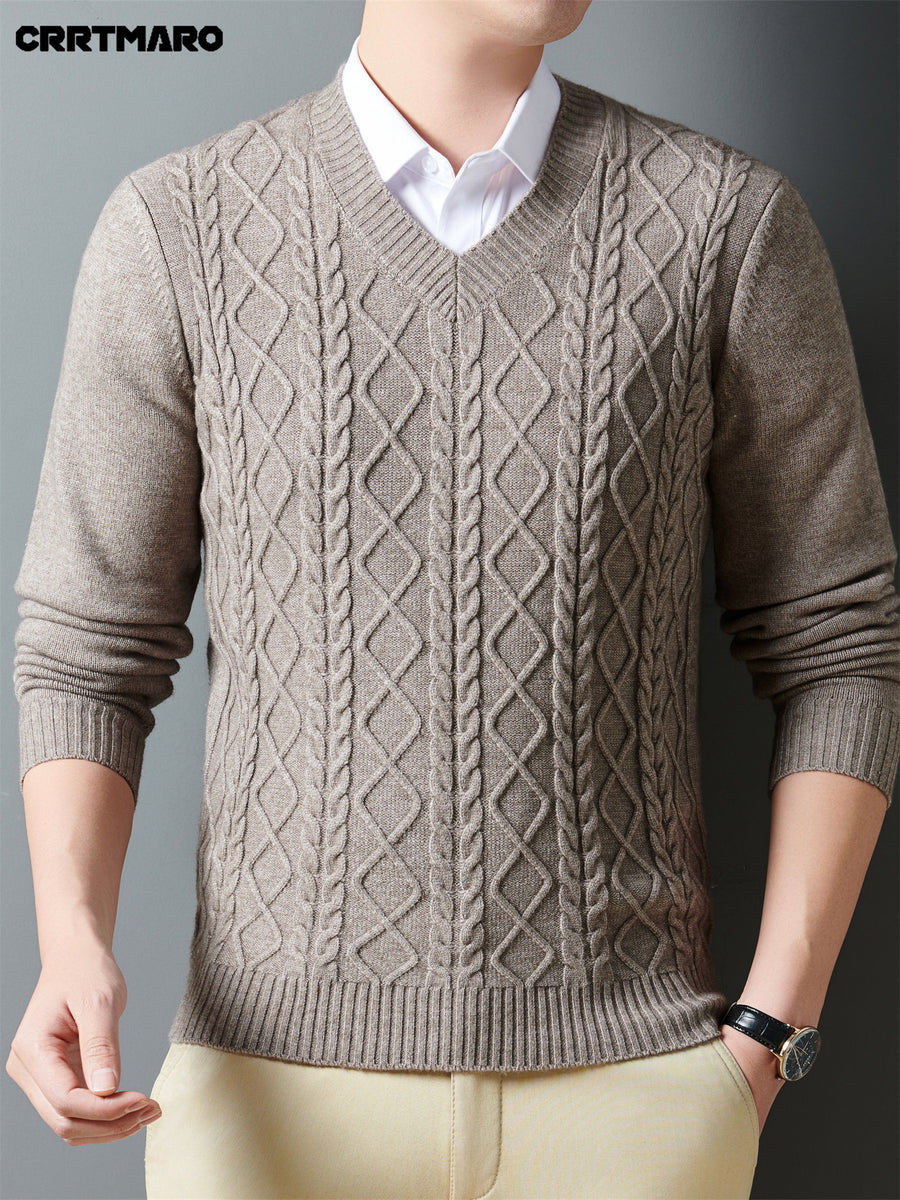 Cartama CRRTMARO Autumn/Winter Knitted 3D Solid Color V-Neck Sweater, Basic Thickened Pullover, Men's Fashion Knitwear Long Sleeve HH - Light Khaki