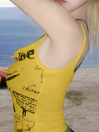 Women'S Summer Punk Print Crop Top with Stretchy Fabric, Perfect for Layering Or Wearing Alone - Yellow