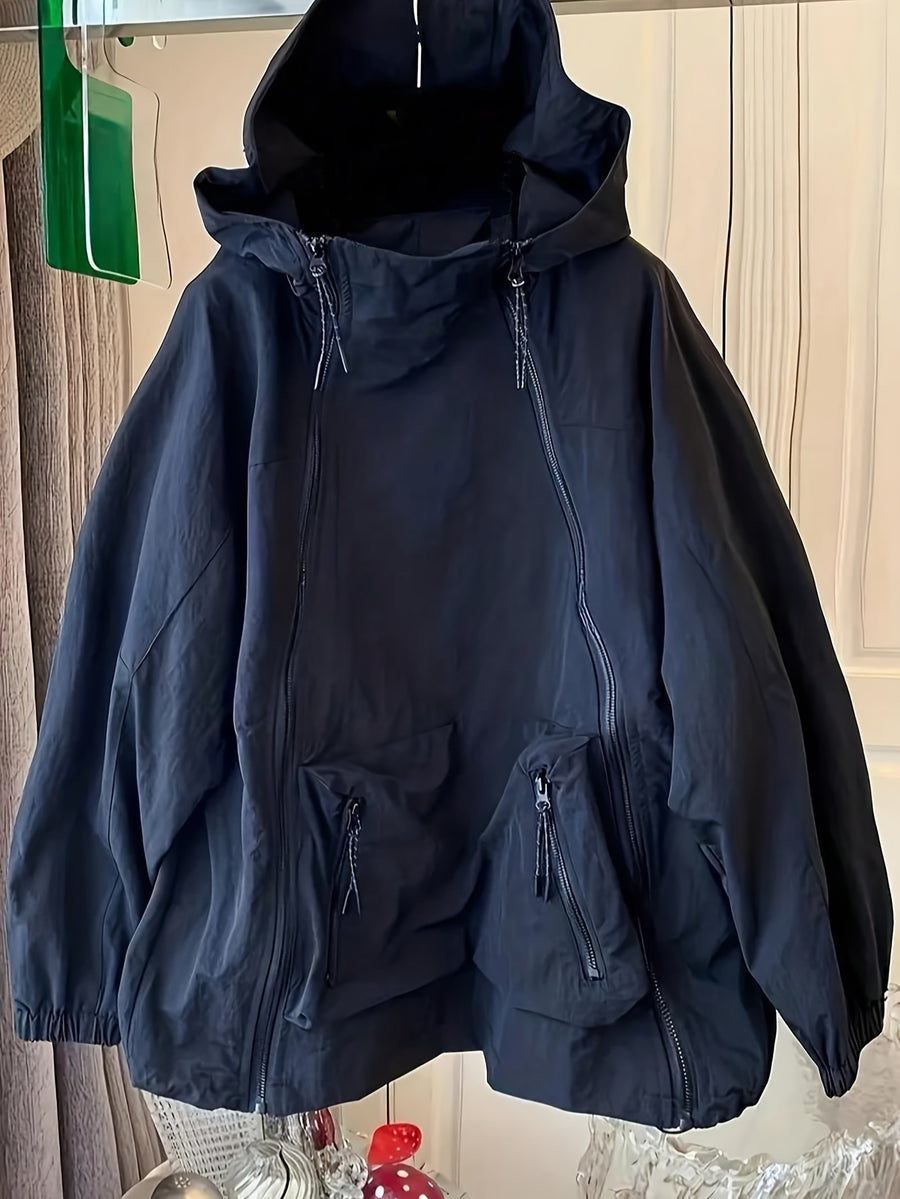 Women'S Cape-Style Hooded Coat, Long Sleeve, with Drawstring, Double Zipper Detail, And Pockets - Navy blue color
