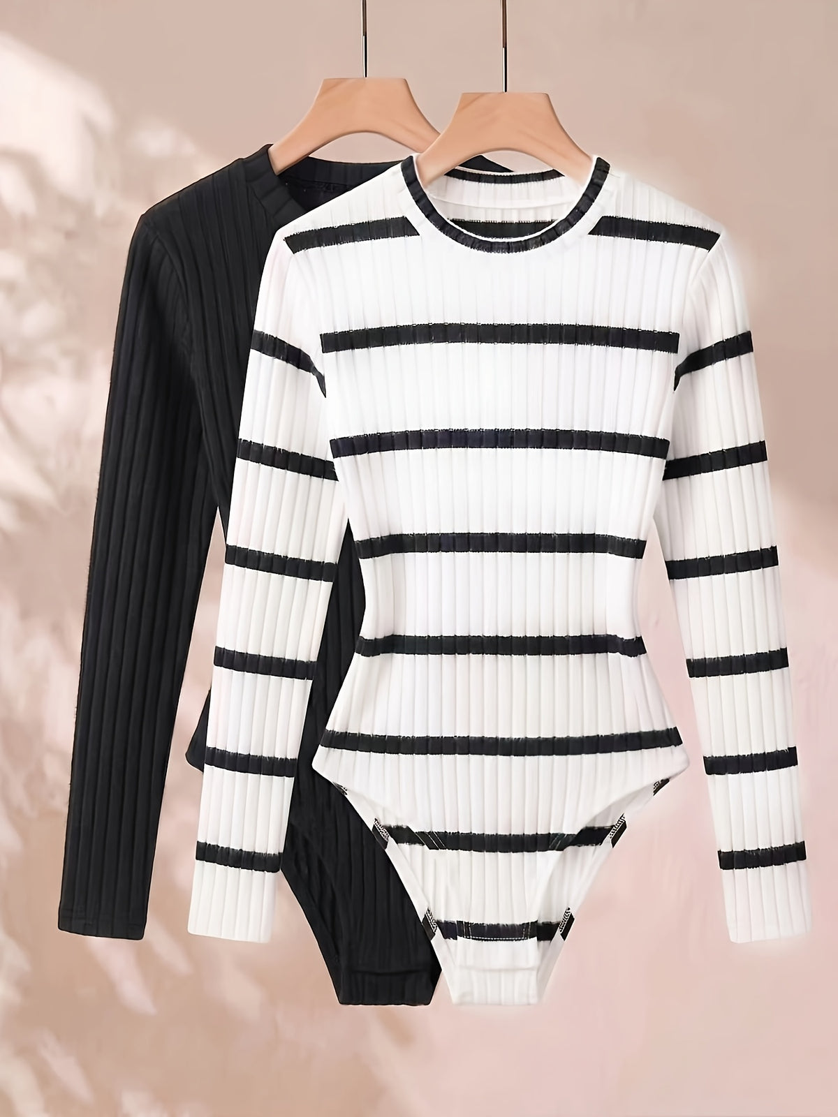 2pcs Set Retro Black And White Contrast Long Sleeve Bodysuit Women'S Solid Black And Striped Tight Bodysuit Commute Date Base Layer - Black+Black And White Stripes