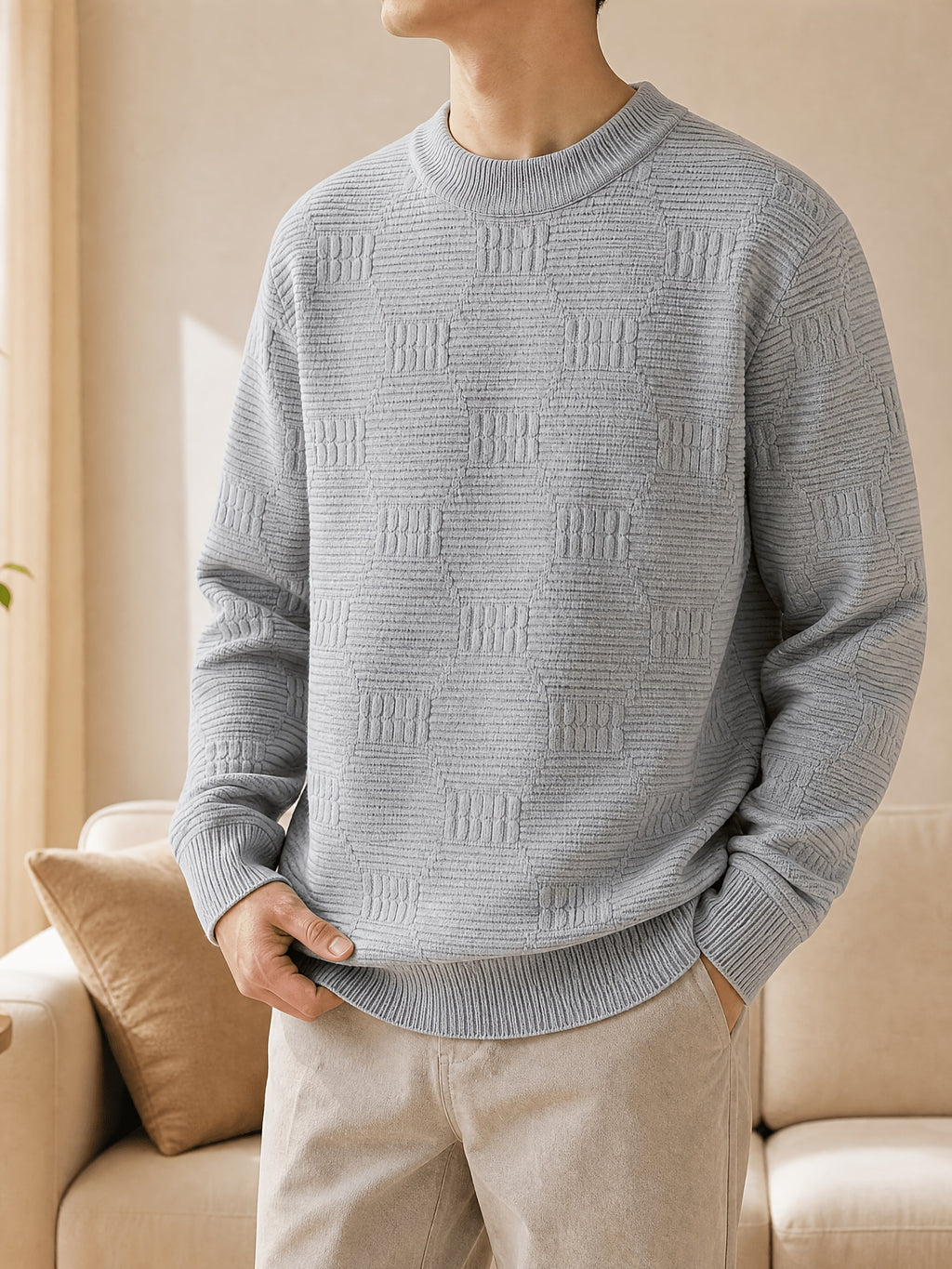 1pc Du Jing Lan OBM Men's Knit Sweater - Old Money Style Striped Crew Neck Sweater, Loose Fit Solid Color Base Suitable for Layering, Business Casual & Outdoor Wear, Long Sleeve Pullover for Golf, Basketball, Vacations, Spring/Autumn/Winter - Light Grey