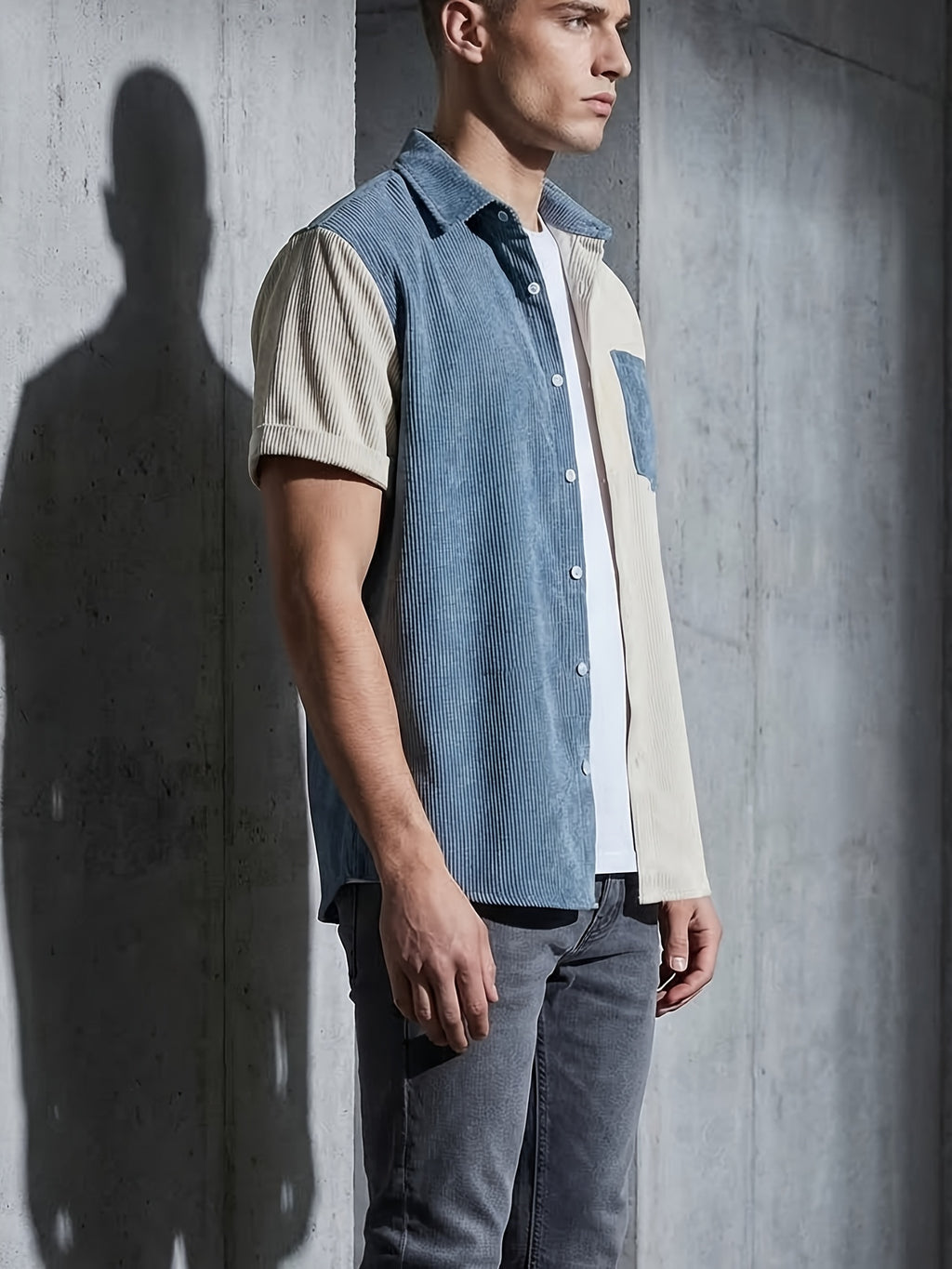 Men's Corduroy Patchwork Short-Sleeve Shirt - Sky Blue
