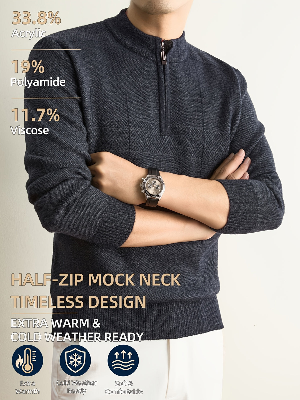 Men'S Half-Zip Knit Sweater, Classic Stand Collar And Textured Pattern, Thickened Warm Pullover in a Refined Timeless Style for Casual, Work, Hiking, Camping, Fishing, And Outdoor Wear - Dark Green