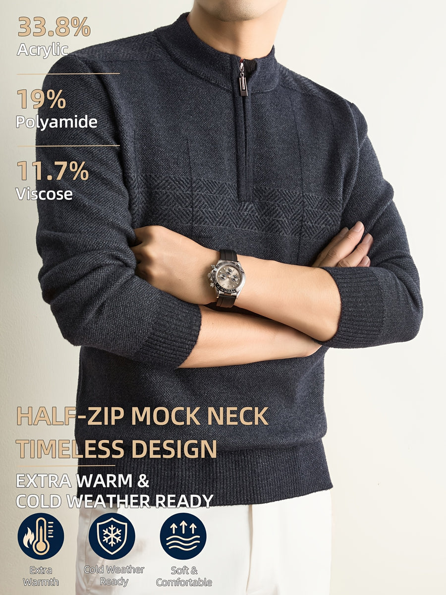Men'S Half-Zip Knit Sweater, Classic Stand Collar And Textured Pattern, Thickened Warm Pullover in a Refined Timeless Style for Casual, Work, Hiking, Camping, Fishing, And Outdoor Wear - Dark Green