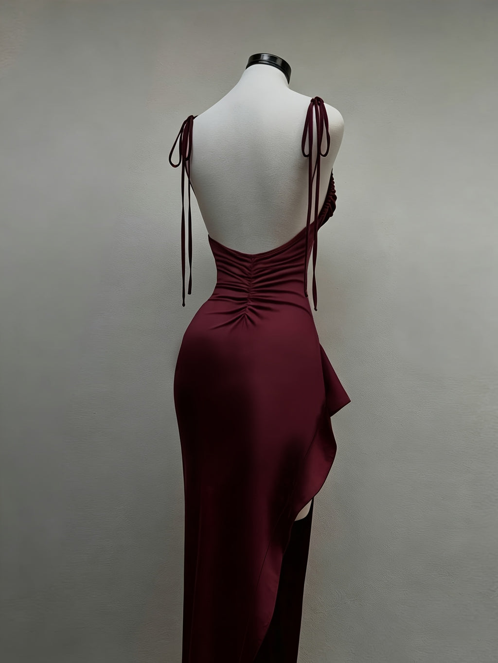 Women's Sexy Solid Color Side Slit Ruffle Hem Backless Camisole Maxi Dress - Burgundy