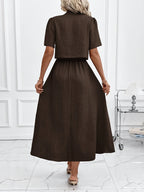 Women's New Elegant Shirt and Slip Dress 2pcs Set, Suitable for Commuting and Various Occasions, Vacation Wear - Coffee Color