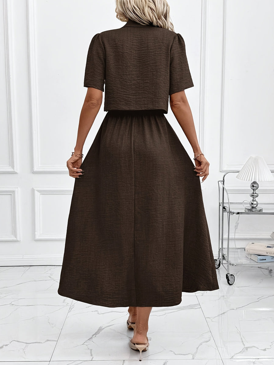 Women's New Elegant Shirt and Slip Dress 2pcs Set, Suitable for Commuting and Various Occasions, Vacation Wear - Coffee Color