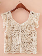 Korean Style Spring Summer New Women'S Sexy Low-Neck Round Neck Lace Trim Crochet Hollow Short Sleeve Sweater Hollow Short Sleeve Cardigan Top - Off-white