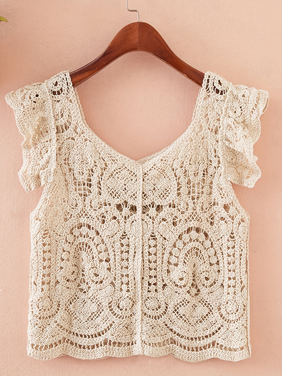 Korean Style Spring Summer New Women'S Sexy Low-Neck Round Neck Lace Trim Crochet Hollow Short Sleeve Sweater Hollow Short Sleeve Cardigan Top - Off-white