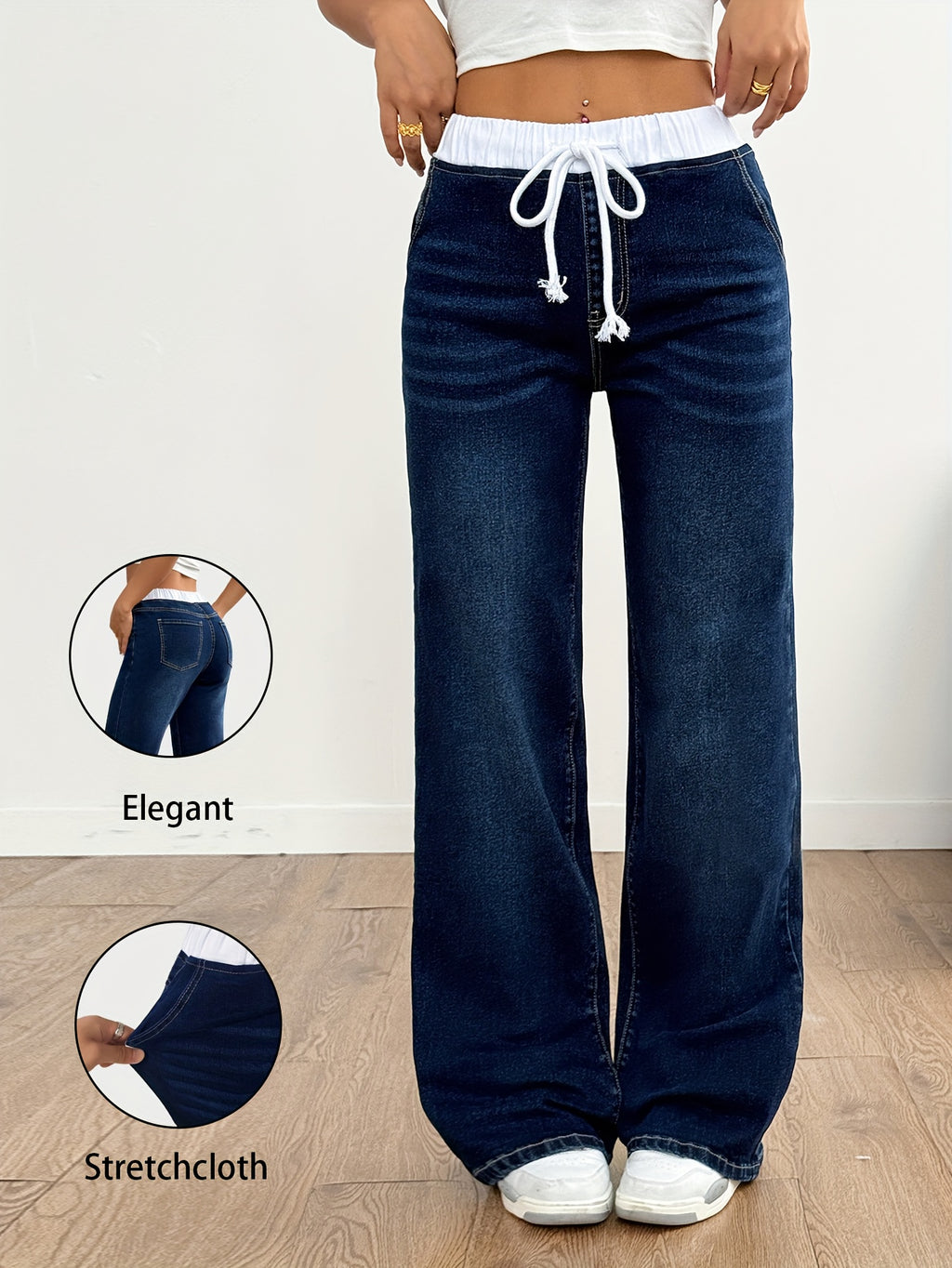 American Style New Light-Colored Women'S Elegant Casual Versatile High-Waisted Elastic Waist Drawstring Mid-High Elastic Trouser Legs Straight-Leg Jeans Women 12-18562 - Blue