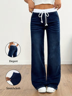 American Style New Light-Colored Women'S Elegant Casual Versatile High-Waisted Elastic Waist Drawstring Mid-High Elastic Trouser Legs Straight-Leg Jeans Women 12-18562 - Blue