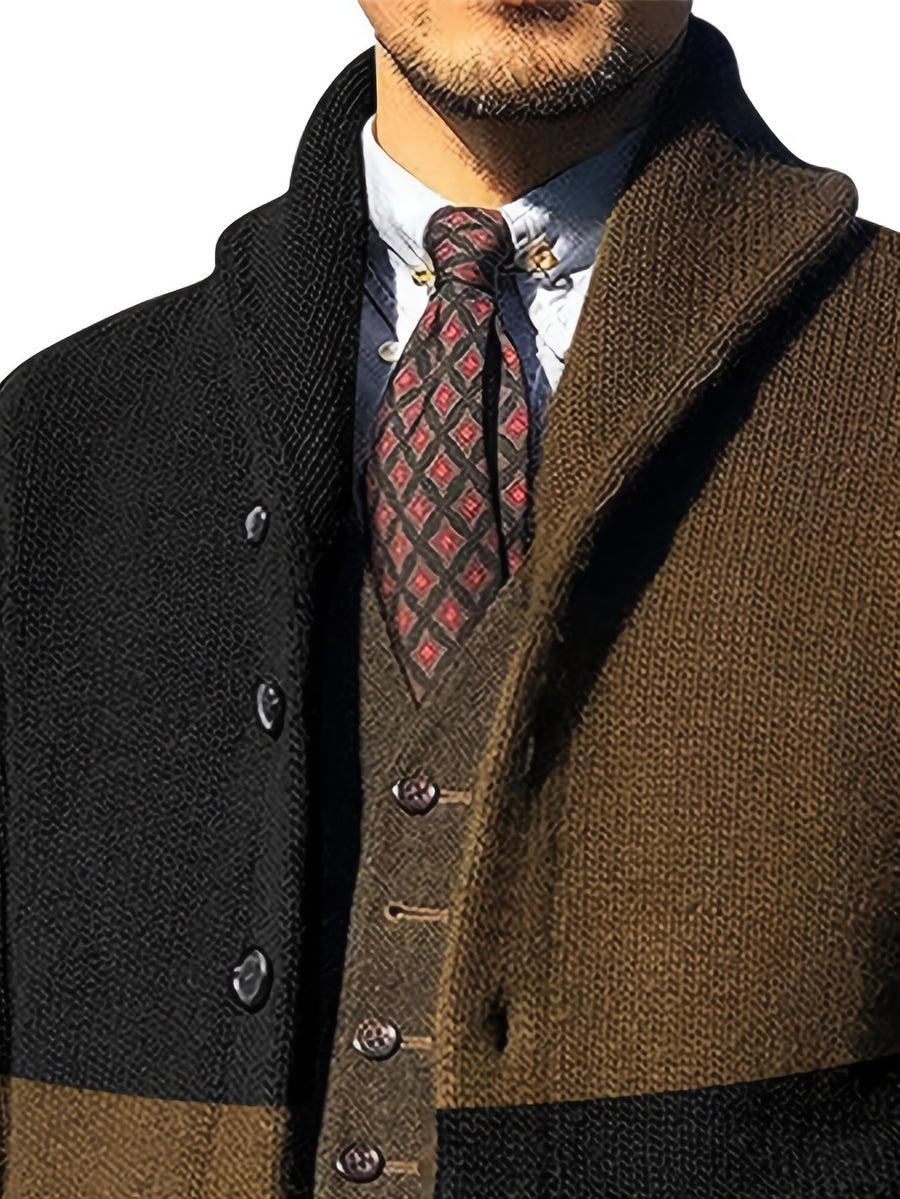 Men's Autumn and Winter New Style Lapel Single Breasted Cardigan Color Blocked Fashionable Casual Business Versatile Slim Fit Skin Friendly Comfortable Soft Warm Long Sleeved Pocket Durable Sports Vitality Simple Knitted Sweater - Black