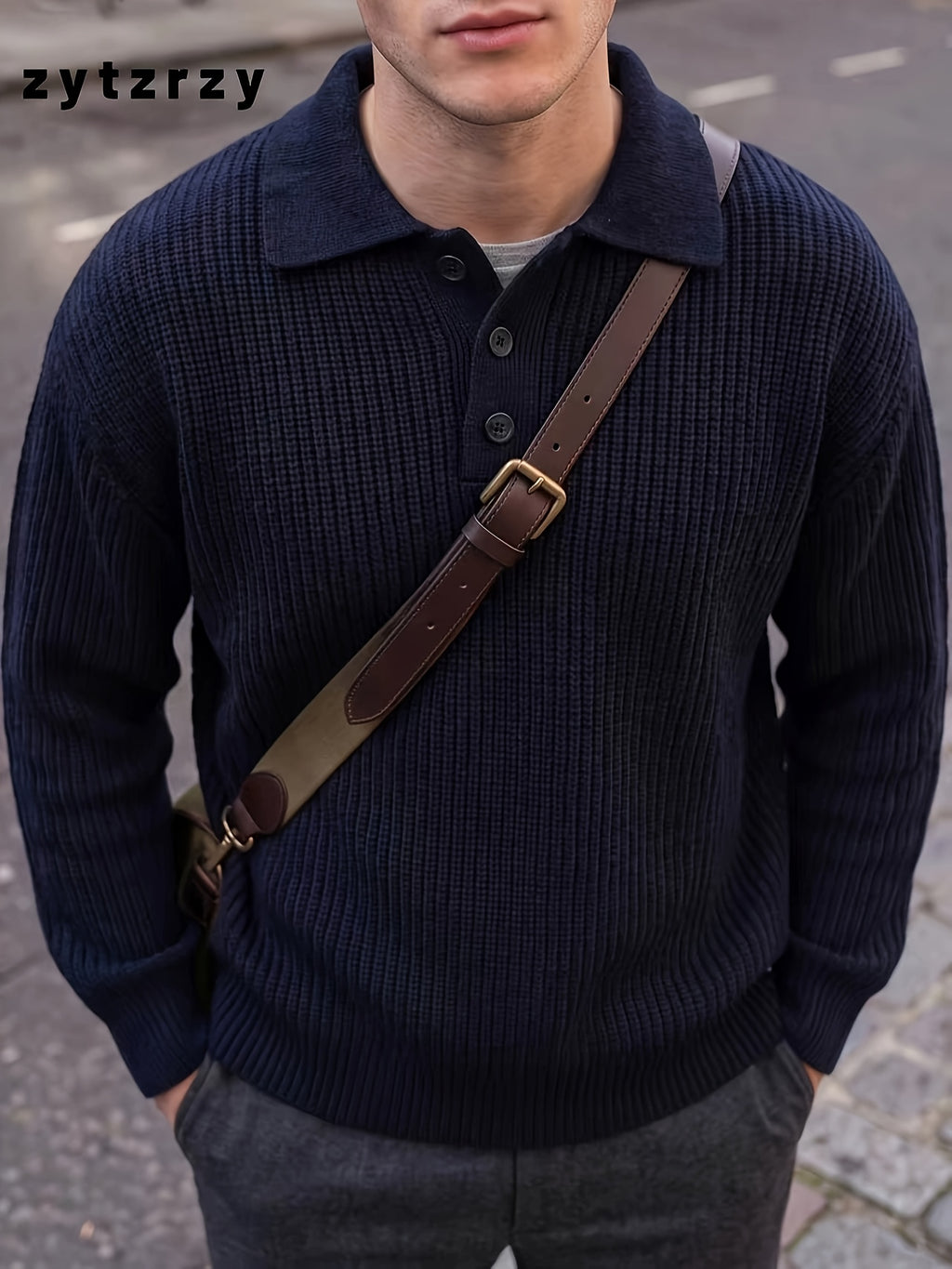 Men's Casual Sporty Sweater, Knit Pullover, Men's Chunky Knit Polo Cardigan, Comfortable Fit, Casual and Simple with a Relaxed, Easy-going Style, Featuring a Button- Collar Design. Suitable for Layering in Spring and Autumn, Urban Daily Wear - Navy Color