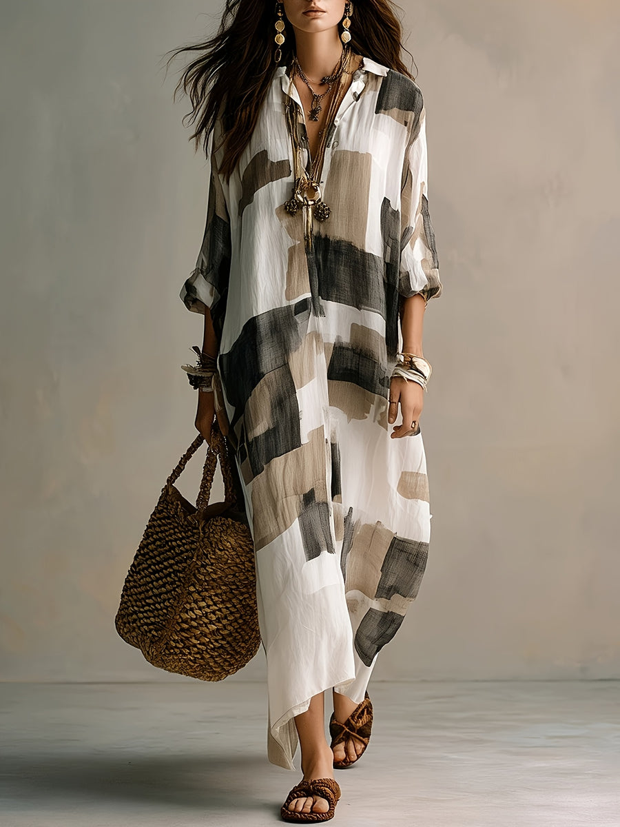 Women'S Temperament Lapel Loose Long Sleeve Dress, -Like Blend Fabric Skin-Friendly Breathable Vacation Commute Daily Versatile Style, Easy Design Spring Summer Fall Fresh Lazy Style Long Dress - Mixed colors