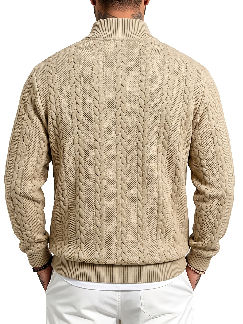 Whale Crossing OBM Men's Spring, Autumn, Winter Classic Fashion Italian Milanese Label Knitted Cable Knit Stand Collar Sweatshirt - Khaki