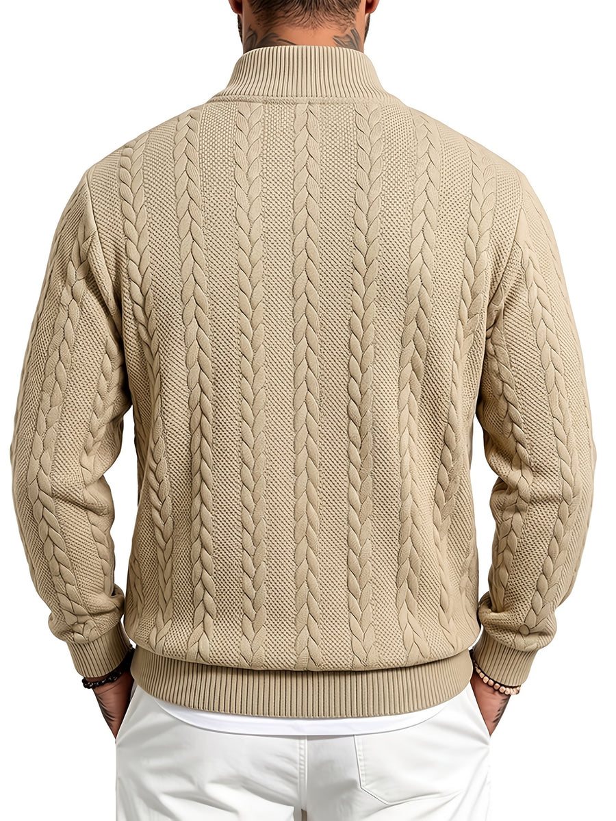 Whale Crossing OBM Men's Spring, Autumn, Winter Classic Fashion Italian Milanese Label Knitted Cable Knit Stand Collar Sweatshirt - Khaki