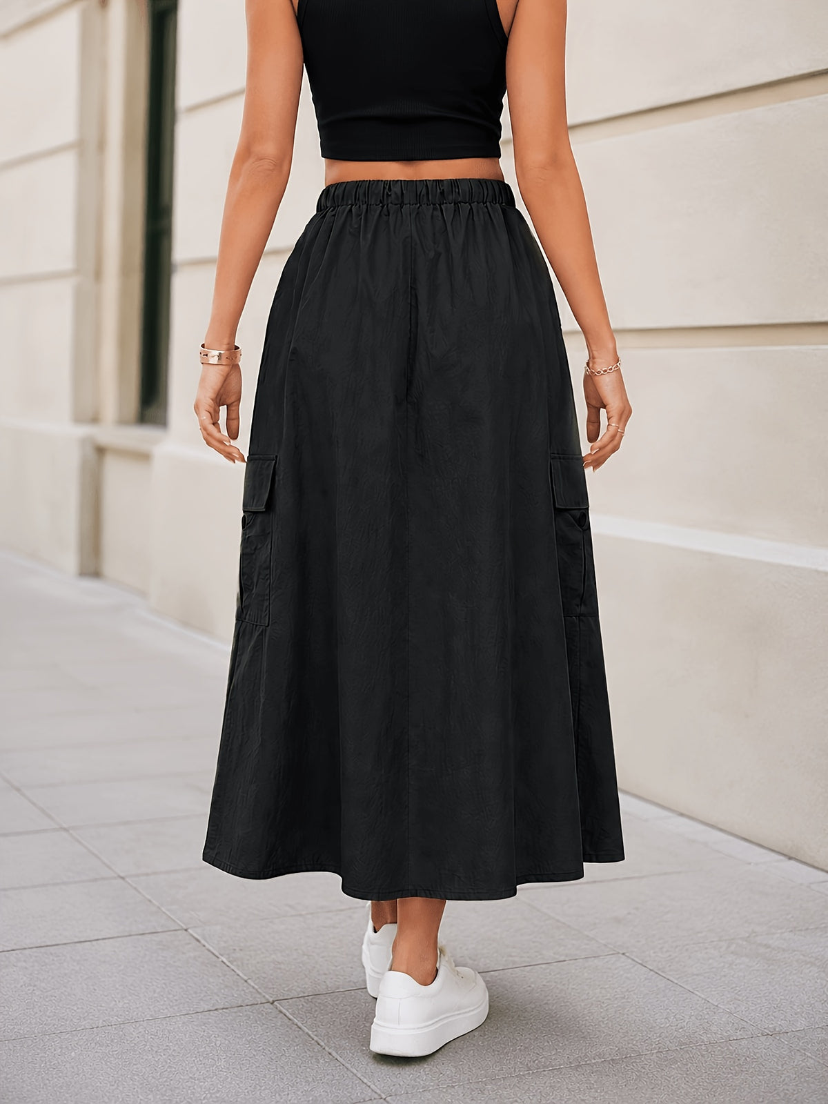 Summer Cargo Half Skirt Women'S Elastic Waist Loose Casual Multi-Pocket Versatile Women'S Long Skirt Quick-Dry Machine Washable A-Line Skirt - Black