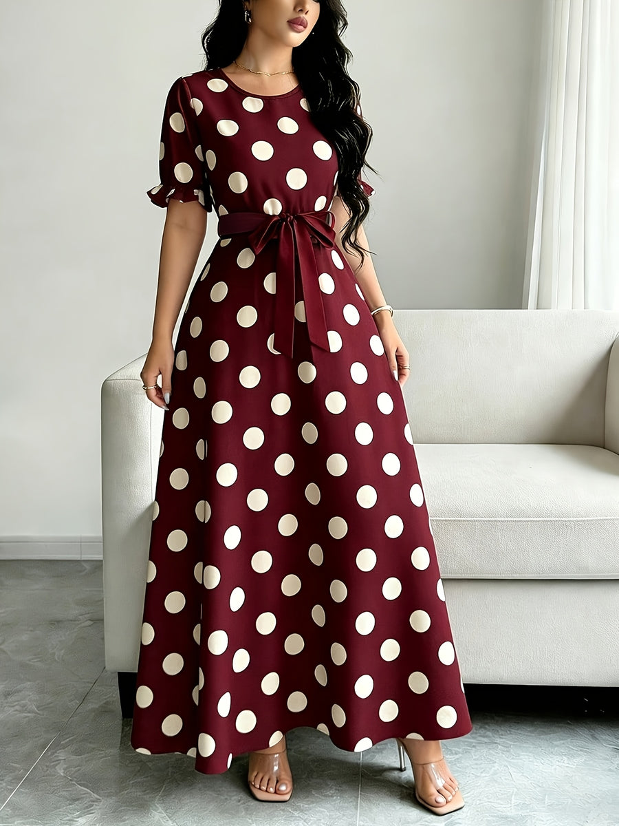 Women'S Printed Round Neck Casual Waist Dress - Burgundy