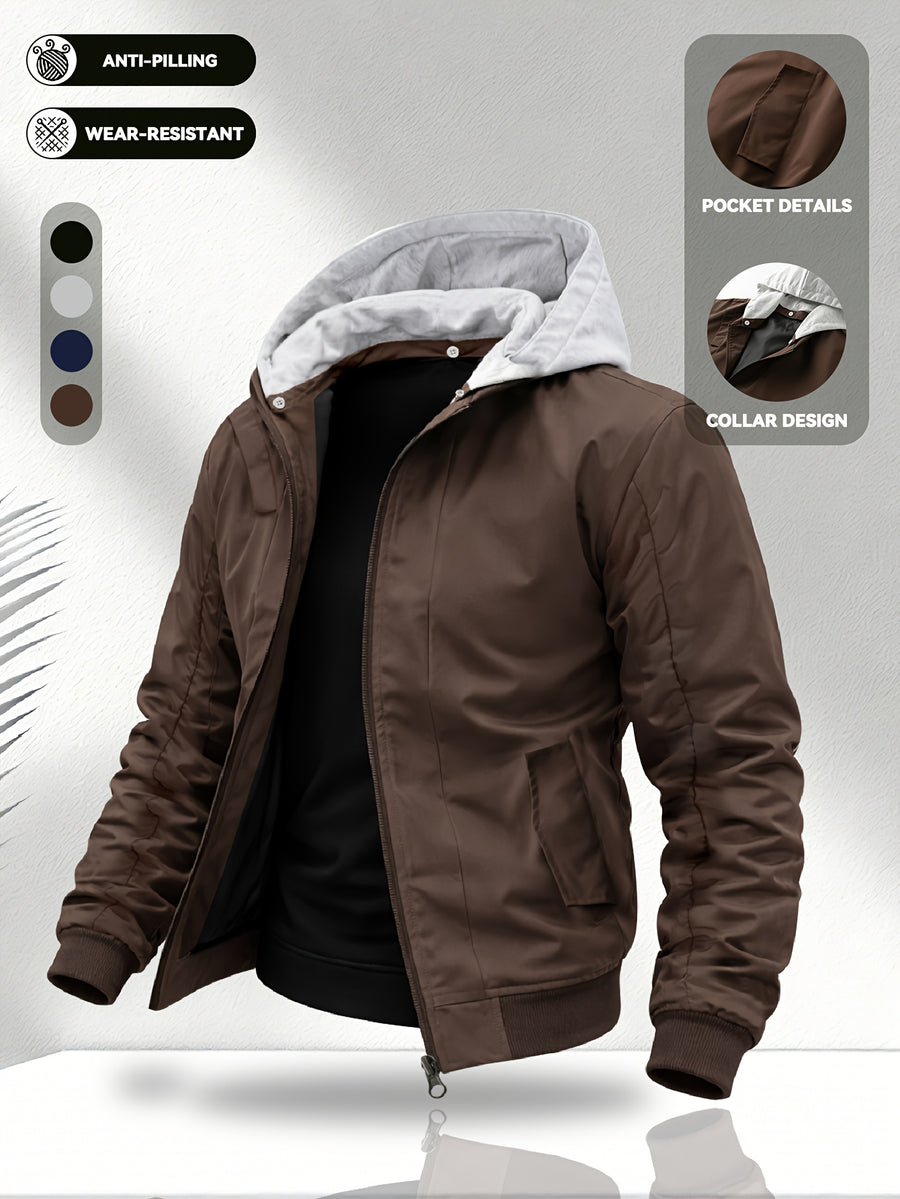 Men'S Hooded Jacket, Stretch Cuffs And Hem, American Retro Casual Commuter All-Match Style, Easy Design, Wear-Resistant Woven Fabric, Smooth Zipper Closure - 5661 - Coffee Brown