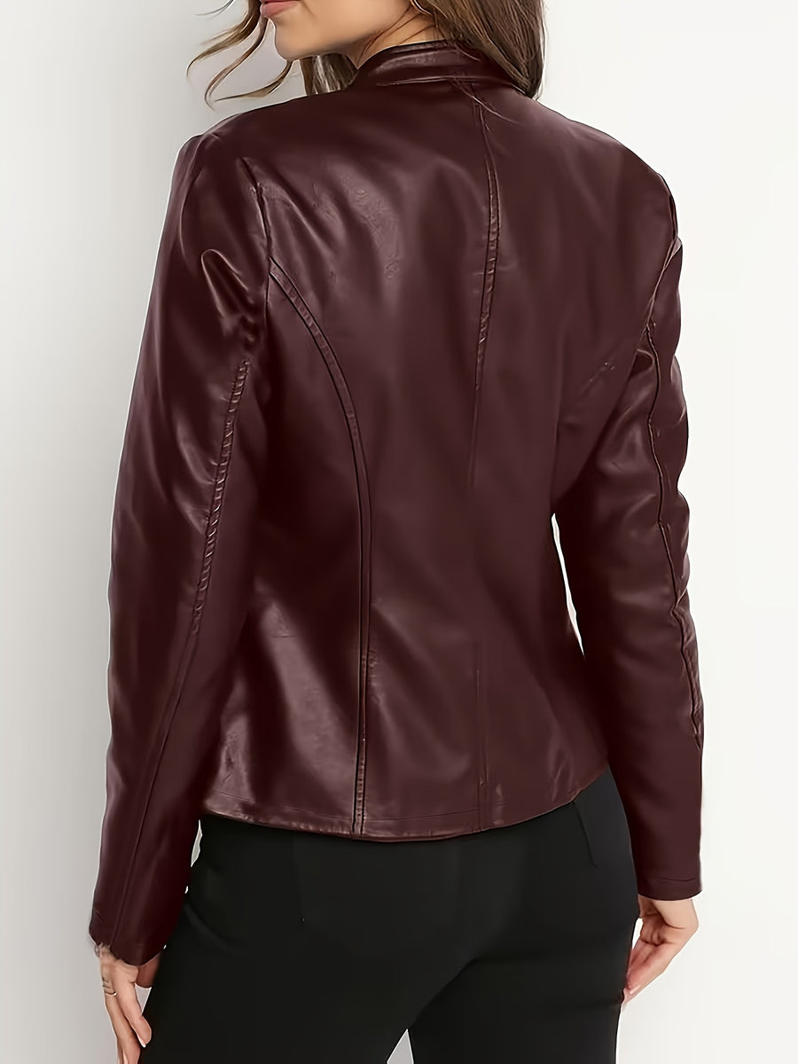 New Women's Elegant PU Jacket - Burgundy