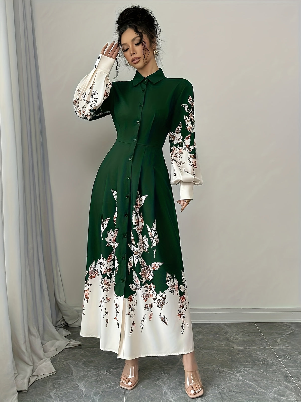 Spring and Autumn Festival Holiday Party Floral Print Lapel Collar Lantern Sleeve Button A-Line Women's Elegant Shirt Dress - Dark Green