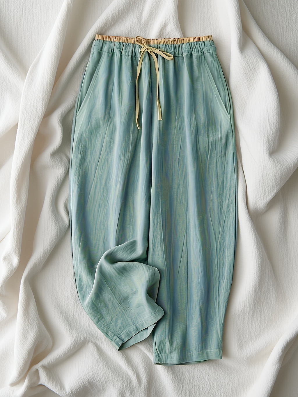 100% Sand Washed Wrinkle 130G Japanese Design Niche Trousers Women'S Casual Pants - Light Cyan