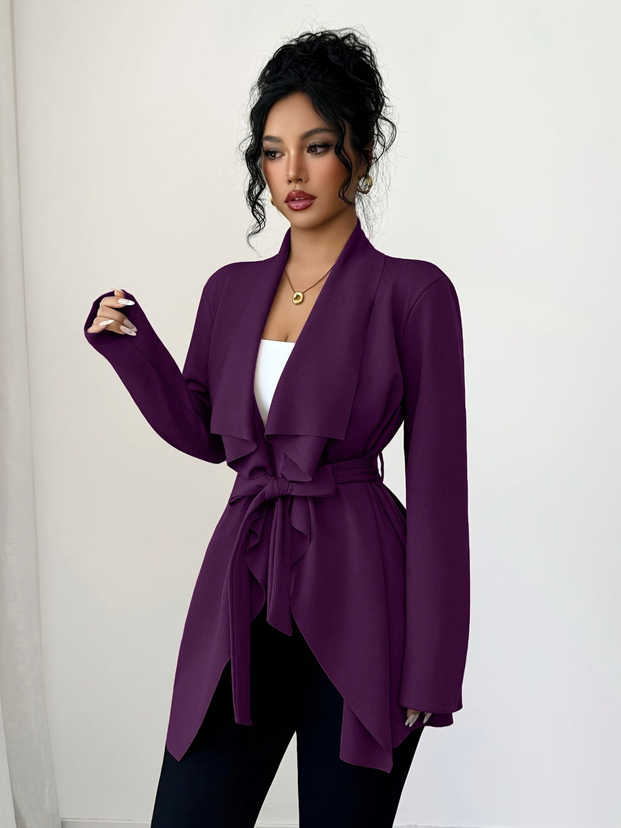 New Women's Spring/Autumn Elegant and Fashionable Commuter Long-Sleeve Textured Lapel Cardigan with Belted Waist, Thin Outerwear - Deep Purple