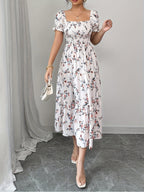 Square Neck Ruched Short Sleeve Ruffle Hem Dress for Women 8038 - Floral Dress