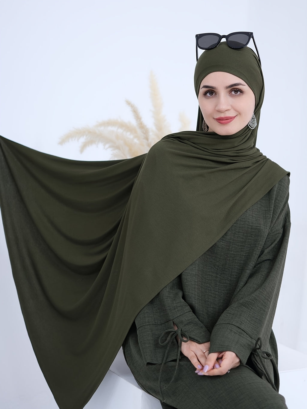 1pc Headless Scarf: Elegant Cuff Drawstring, Comfortable and Casual Solid Color, Suitable for Outdoor Travel and Daily Wear. Loose Women's Abaya Dress. Abayas for Women, Muslim, Women's Long Dresses, Oriental Arabic Robe, Abaya Dress - fern green
