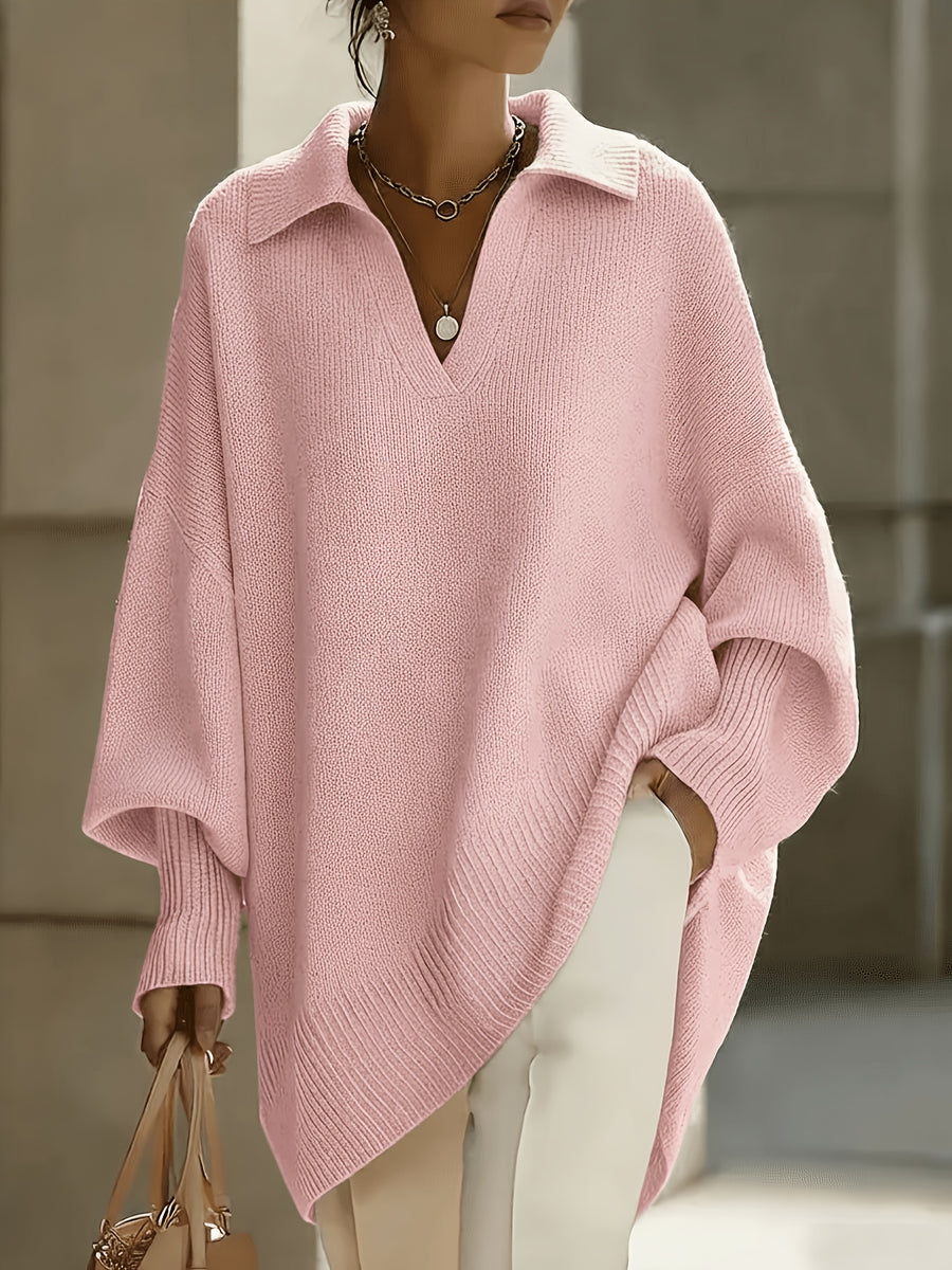 New Autumn/Winter French-Style Elegant Pullover, Polo Collar with V-Neckline, Batwing Sleeves and Drop Shoulder Design, Elegant, Comfortable, and Skin-Friendly, Women's Autumn/Winter Clothing, New Autumn Women's Style, Stylish Sweater, Popular Korean - Pink Color