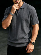 Men's Summer Jacquard Ribbed Lapel Short-Sleeve T-Shirt, Simple Casual Breathable Business Versatile Knitted Polo Shirt - Dark Gray