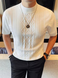 Men's New Solid Color Rhombus Fashion Semi-High Neck Knit Sweater, Spring/Summer Casual Short Sleeve Knit Top - White