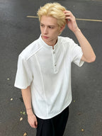 2026 Men'S Summer Casual Old Money Style Bark Texture Henley Short Sleeve Polo Shirt Men'S Loose Regular Shoulder Half Sleeve - White