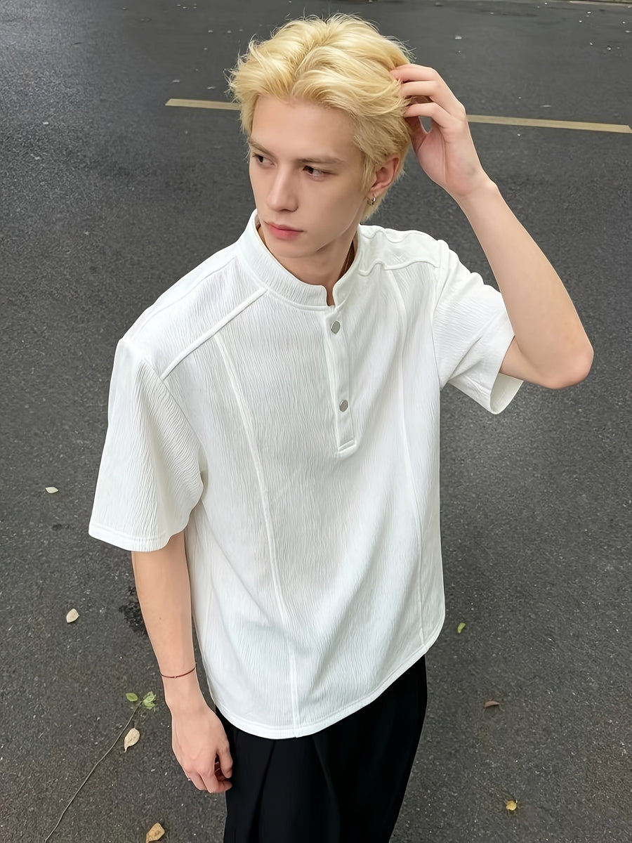 2026 Men'S Summer Casual Old Money Style Bark Texture Henley Short Sleeve Polo Shirt Men'S Loose Regular Shoulder Half Sleeve - White
