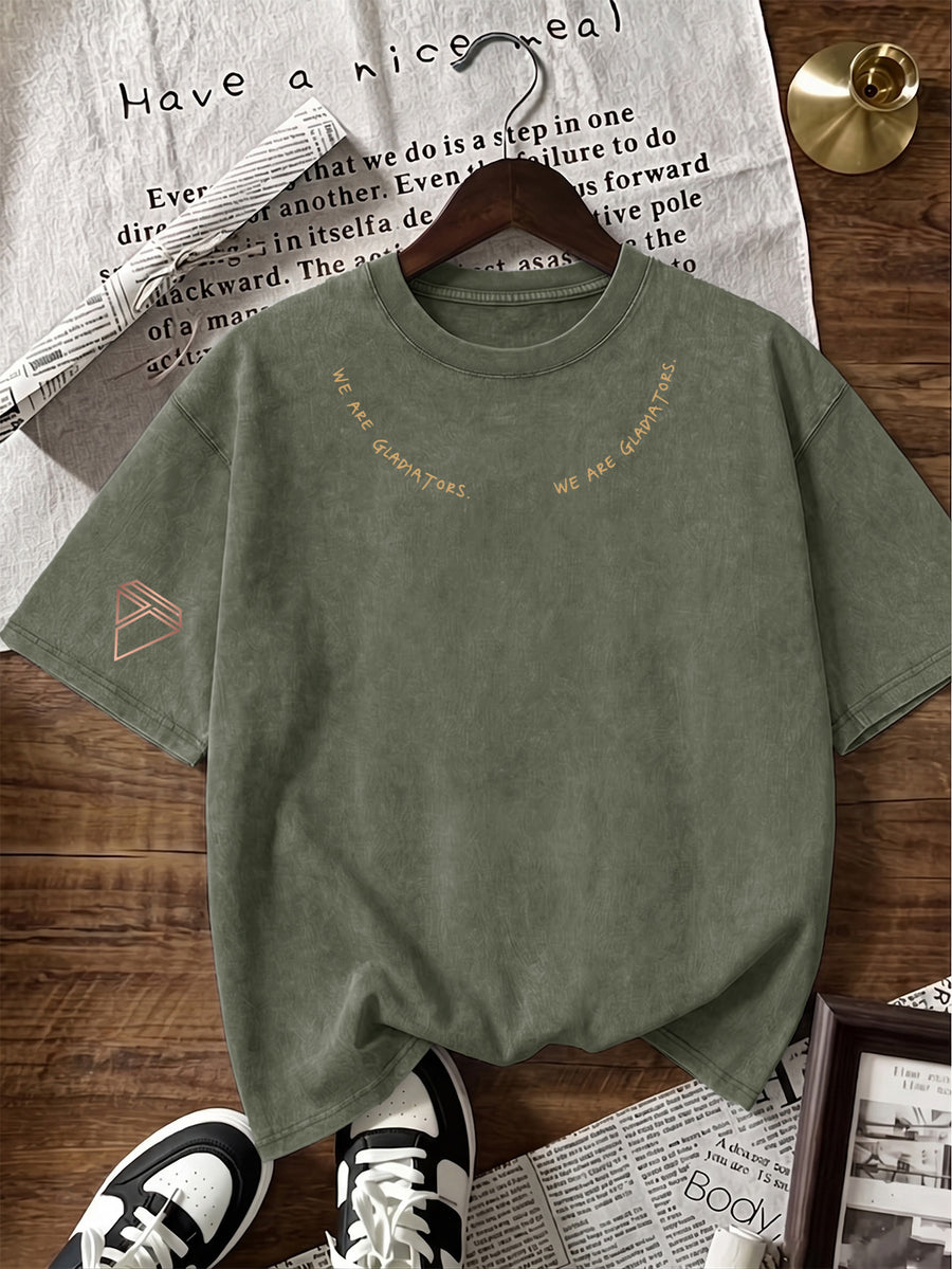 Short Sleeve T-Shirt Men'S Loose Washed Distressed Top Arched Text Triangle Geometric Trendy Print Multi-Color Casual Matching American Street High Street Hip-Hop Couple Style Short Sleeve Daily Outing Commuting Sports Fitness Street Style Y2K Top - Olive Green