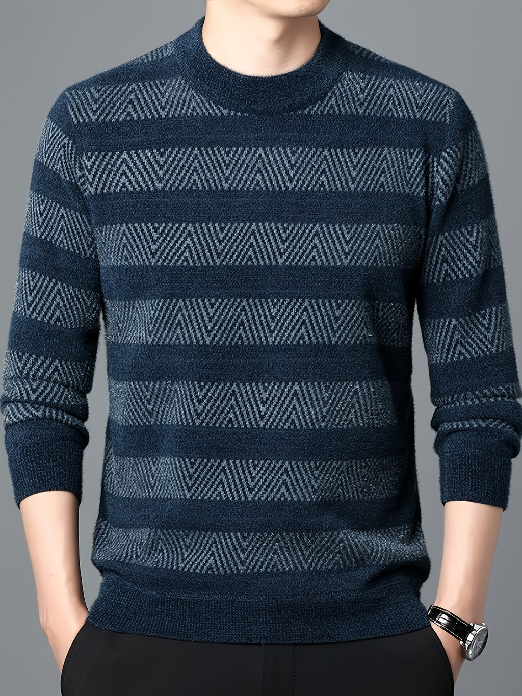 New Fleece Thick Full Body All-In-One Plush Fashion Striped Warm Men'S Top Computer Knit Round Neck Pullover Sweater Winter Warm Comfortable Gift for Husband Family - Ha Qing