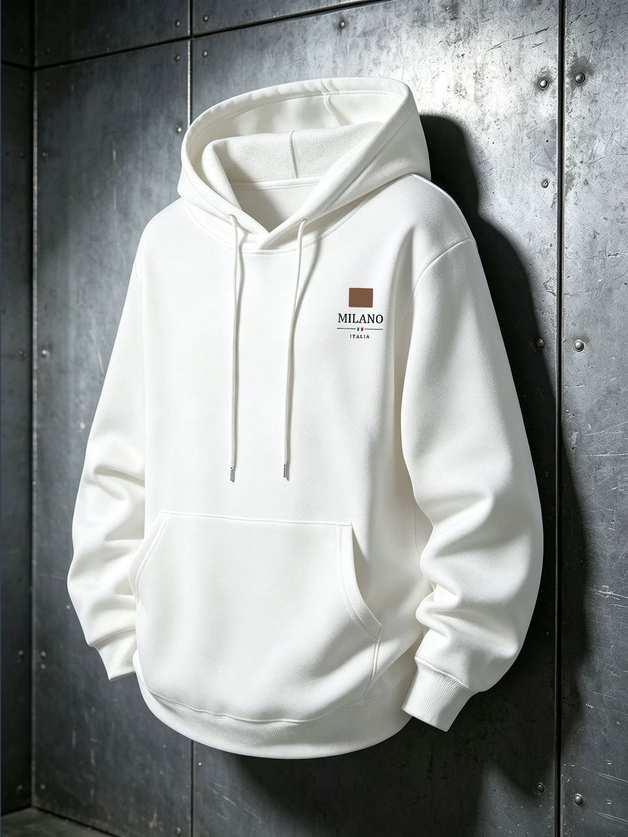 American Vintage Small Square Logo Hooded Sweatshirt for Men, Casual Hoodie, Trendy and Versatile for Daily Wear, Long-Sleeve Top - White