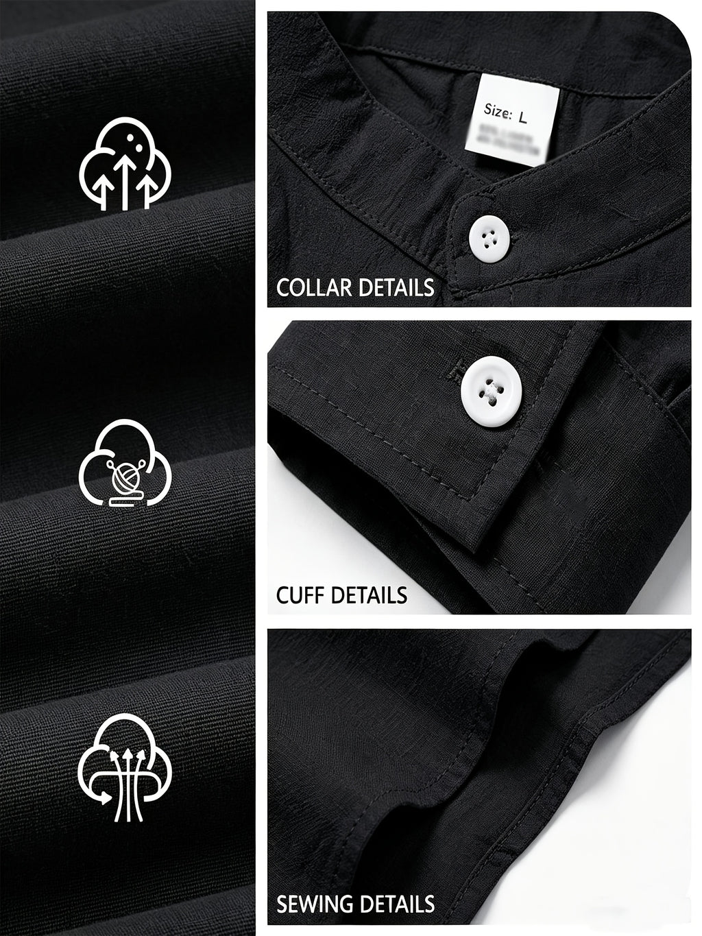 Men's Linen Long-sleeve Shirt, Small Stand-up Collar Button- Casual Shirt, Solid Color Simple and Versatile Style, Suitable for Spring and Autumn Outdoor Activities, Travel and Vacation, and Daily Commuting Wear - Black