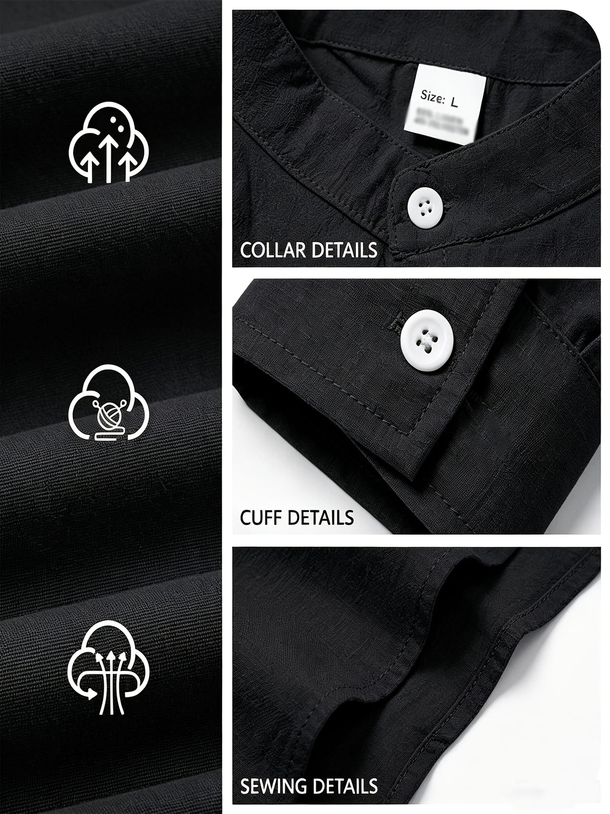 Men's Linen Long-sleeve Shirt, Small Stand-up Collar Button- Casual Shirt, Solid Color Simple and Versatile Style, Suitable for Spring and Autumn Outdoor Activities, Travel and Vacation, and Daily Commuting Wear - Black
